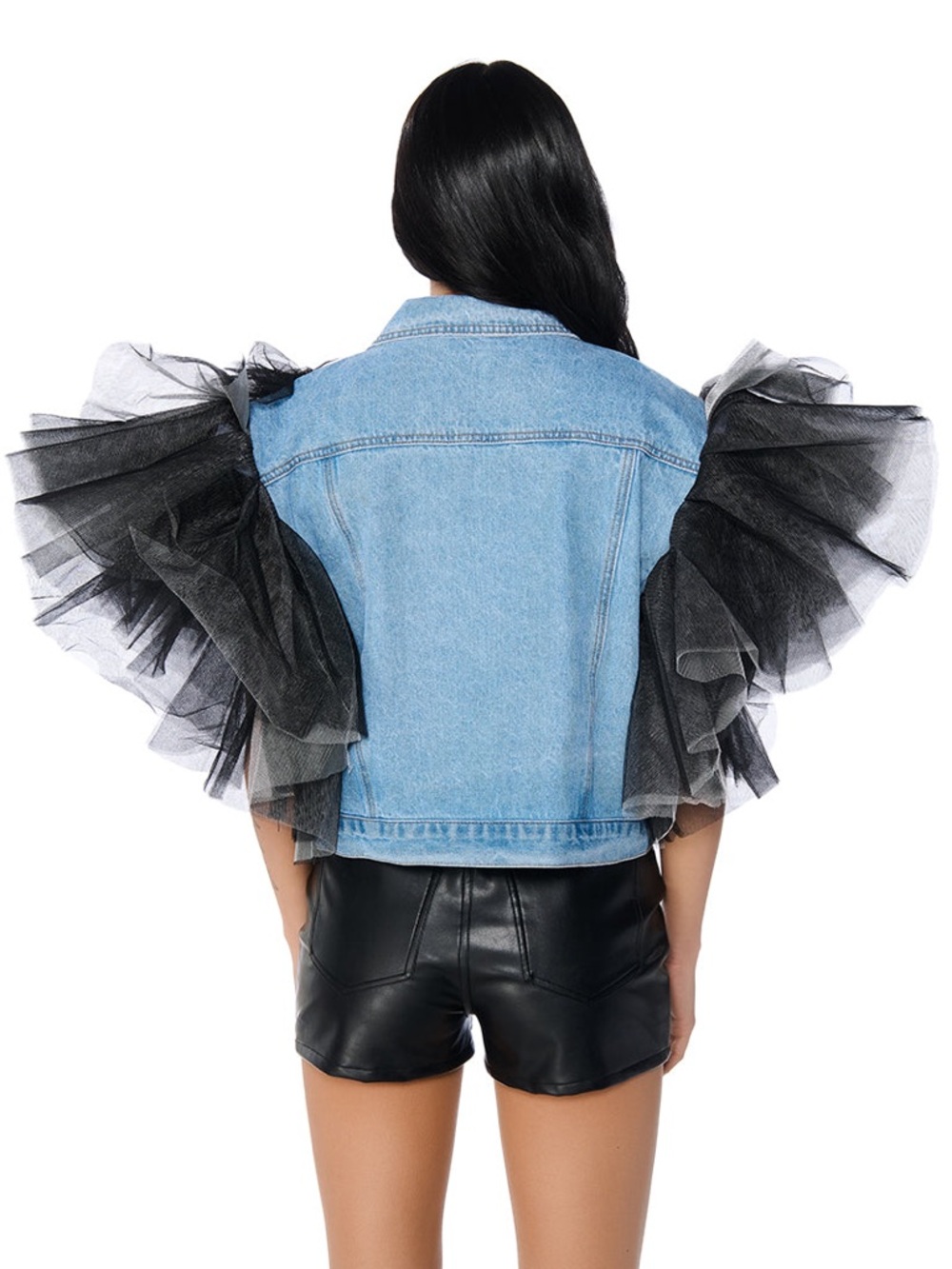 AKIRA Blue Denim Jean Jacket with Black Tulle Ruffled Sleeves - Picture 7 of 11